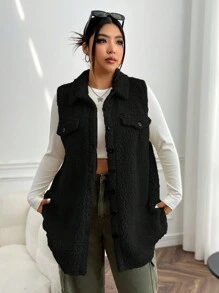 SHEIN EZwear Áo khoác vest Teddy có chi tiết vạt kép, cho mùa đông - màu đen - Xem 4