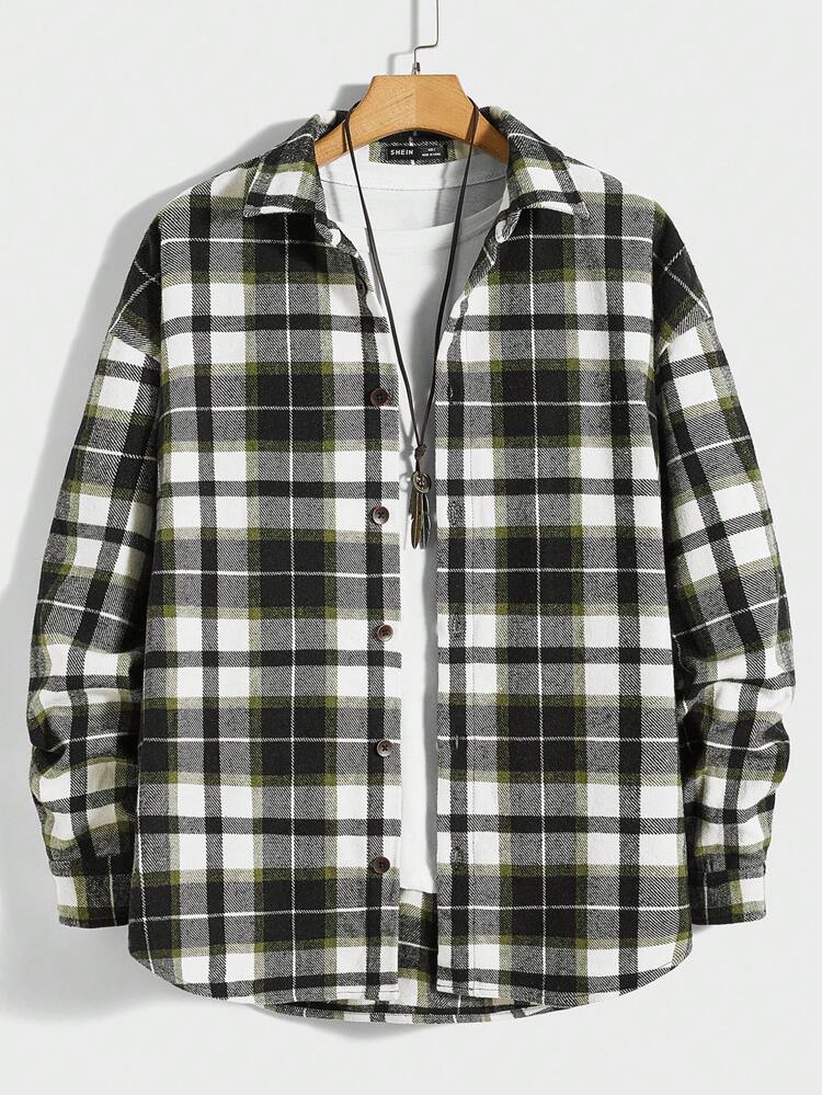 Oversized Men's Plaid Long Sleeve Casual Shacket, For Fall Winter