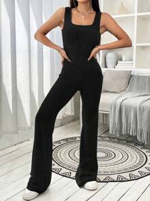 SHEIN EZwear Spring Black Y2k Solid Ribbed Knit Flare Leg Jumpsuit - Black - View 6