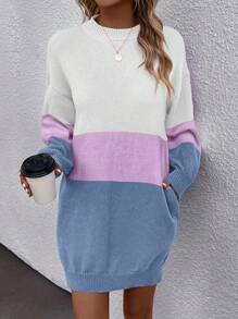 SHEIN LUNE Color Block Drop Shoulder Sweater Dress - Multicolor - View 5