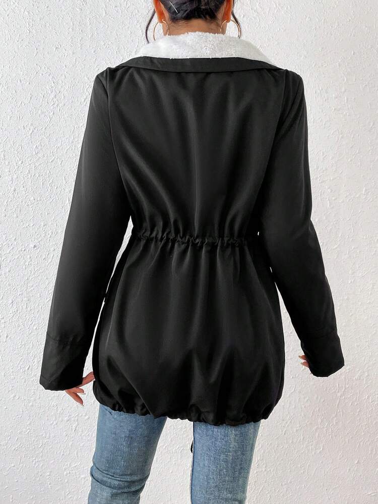 Borg Collar Drawstring Hem Padded Coat Winter Black Casual