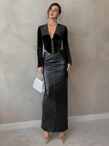 SHEIN Privé Móc và mắt Tay áo loe Viền không đối xứng Áo thun - màu đen - Xem 3