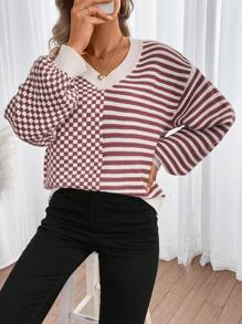 Chiquease Checker & Striped Pattern Drop Shoulder Knit Pullover Fall Winter Sweater - Rust Brown - View 5