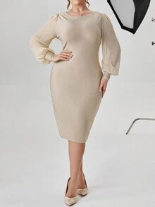 SHEIN Privé Plus 純色燈籠袖修身連身裙 - 卡其色 - 查看 3