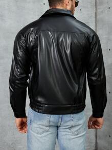 Manfinity Homme Men's Solid Color Zipper Pu Leather Jacket - Black - View 2