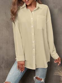 SHEIN LUNE Solid Drop Shoulder Patched Pocket Shirt Button Up Shirt - Apricot - View 3