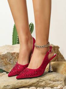 红色水钻婚鞋，方头高跟鞋，女士包头后跟带凉鞋，春夏凉鞋，优雅，女士浅口鞋，派对装扮，尖头高跟鞋 - 紅色 - 查看 3