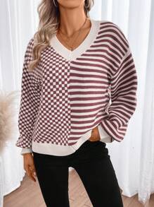 Chiquease Checker & Striped Pattern Drop Shoulder Knit Pullover Fall Winter Sweater - Rust Brown - View 1