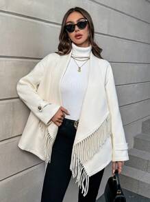 SHEIN Privé Waterfall Collar Fringe Trim Open Front Overcoat - Apricot - View 1