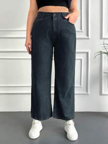 SHEIN Cottnline Plus Size Women's Solid Color Straight Leg Jeans - Dark Grey - View 3