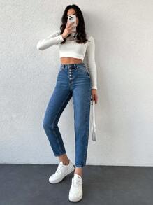 Cloudara Button Fly Mom Fit Jeans - Medium Wash - View 6