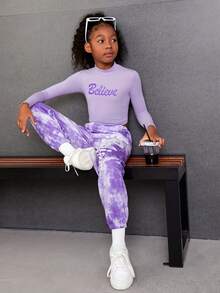 SHEIN Cô gái Tween Đồ họa Chữ cái Cổ giả Áo thun & Nhuộm buộc Quần thể thao - Màu tím - Xem 3