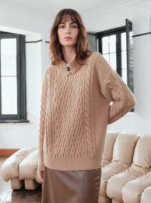 Anewsta 纯色麻花针织落肩套头衫秋冬毛衣 - 卡其色 - 查看 3