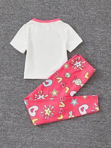 SHEIN Young Girl Cartoon Graphic Contrast Binding PJ Set - Pink - View 2