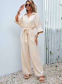 SHEIN VCAY Solid Button Front Belted Shirt Jumpsuit - Apricot - View 5