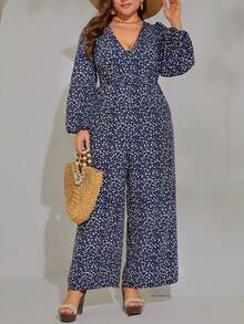 SHEIN VCAY Hơn In hoa Ditsy Tay áo lồng đèn Áo liền quần ống rộng - Nhiều màu - Xem 4