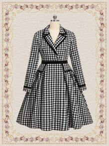 Vintamour Gingham Print Lapel Neck Dress - Black and White - View 1