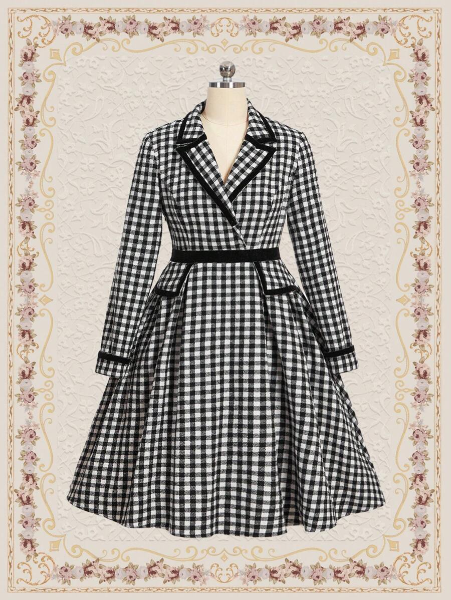 Vintamour Gingham Print Lapel Neck Dress - Black and White - View 1
