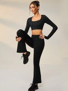 SHEIN Sports 素色短款T恤&喇叭褲