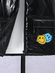 SHEIN Tween Boy 字母图案翻盖口袋背心夹棉外套 - 黑色 - 查看 9