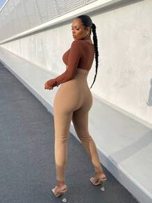 SHEIN SXY Color Block Patchwork Skinny Jumpsuit - Khaki - View 2