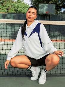 VARSITIE 女士撞色抽绳卫衣，女士网球服 - 藍白色 - 查看 5