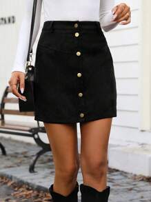 Chiquease Falda con botón delantero de pana - Negro - Ver 5