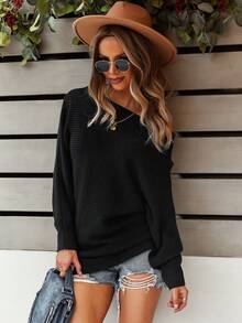 SHEIN VCAY Solid Batwing Sleeve Sweater - Black - View 4