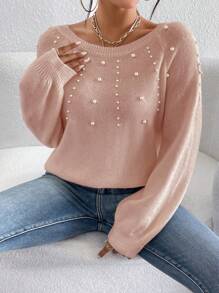 SHEIN Essnce Jersey con cuenta de perla de manga raglán - Caqui - Ver 5