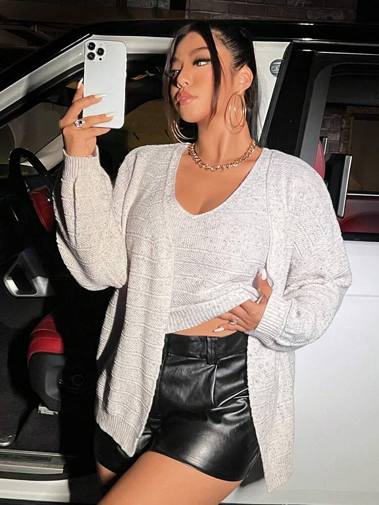 Plus Size Drop Shoulder Cardigan & Tank Knit Top