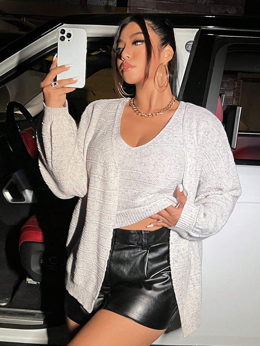 Celure Plus Size Drop Shoulder Cardigan & Tank Knit Top