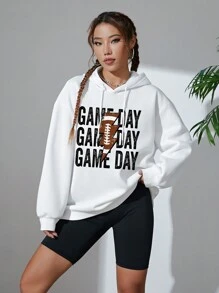 SHEIN EZwear Đồ họa Chữ cái Thả vai Dây rút Hoodie - trắng - Xem 3