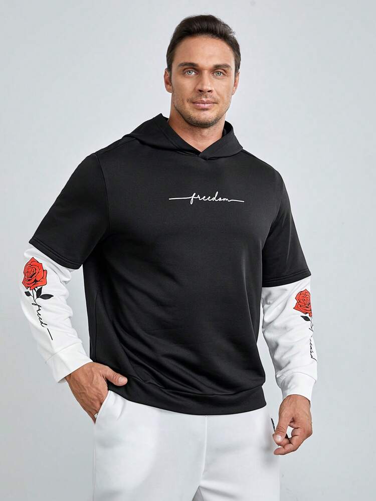 メンズ プラス レター & フローラル グラフィック 2 in 1 パーカー、秋冬用