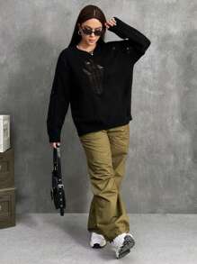 SHEIN EZwear 大碼素色落肩袖破洞套頭毛衣 - 黑色 - 查看 3