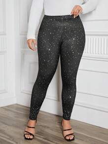 SHEIN Clasi Talla grande Leggings con lentejuelas - Negro - Ver 1