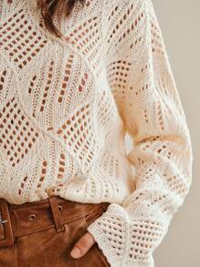 Anewsta Chất rắn Dệt kim chấm bi Thả vai Áo len - Màu be - Xem 4