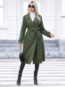SHEIN Privé 女士們翻領雙排釦腰帶風衣外套 - 綠色 - 查看 4