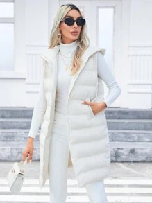 SHEIN Privé Zipper Drawstring Hooded Thickened Vest Jacket, Fall And Winter,Business Casual,Elegant,Camel,Long Sleeve - Apricot - View 5