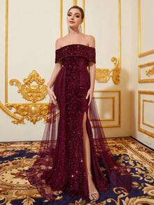 露肩網紗罩層的開叉亮片鱼尾禮服 - 玫紅色 - 查看 5