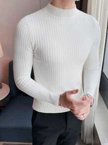 Men Mock Neck Ribbed Knit Sweater - White - View 3