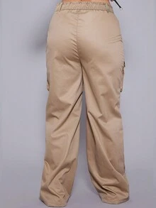 Flirla 大碼側翻蓋口袋工裝褲 - 卡其色 - 查看 2