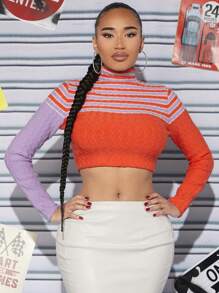 SHEIN SXY Jersey crop con patrón de rayas de cuello alto - Multicolor - Ver 5