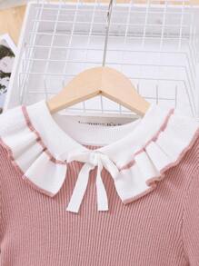 SHEIN 女孩拼接領荷葉袖荷葉邊毛衣洋裝 - 粉色 - 查看 4