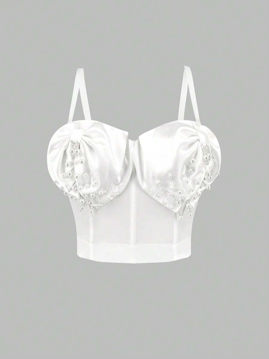 SHEIN Unity Women's Pearl-decorated Studs & Bowknot Design Pleated Camisole Top - White - View 1