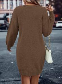 EMERY ROSE Dual Pocket Drop Shoulder Sweater Dress - Mocha Brown - View 2