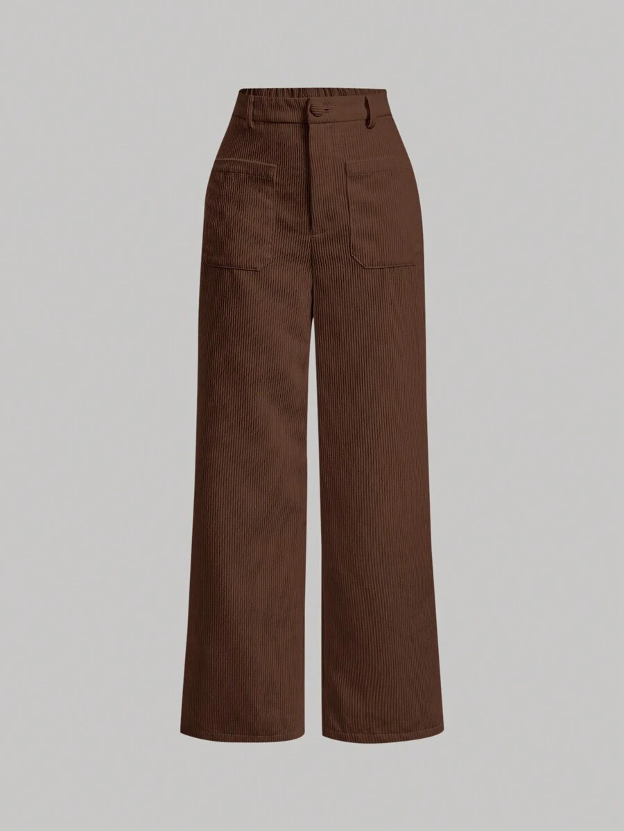SHEIN MOD Solid Corduroy Straight Leg Brown Patch Pocket Pants - Rust Brown - View 1