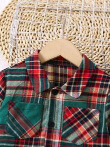 SHEIN 女小童格紋印花雙口袋襯衫附帽子