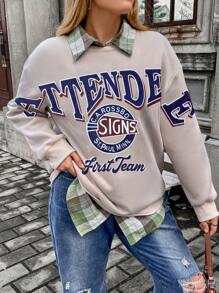 Flirla Talla grande Sudadera con estampado de letra de hombros caídos sin camisa