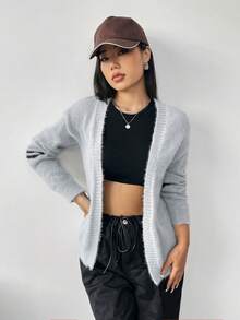 SHEIN Unity Sọc trang trí Thả vai Áo len Duster - Xám - Xem 5