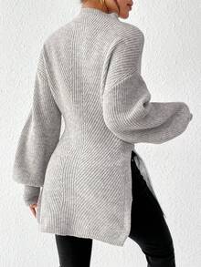 SHEIN Frenchy 小高領落肩袖下擺開叉套頭毛衣 - 灰色 - 查看 2
